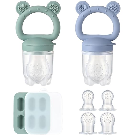 2 Pack Silicone Baby Fruit Feeder with Mini Freezer Tray, Breastmilk Popsicle Molds for Baby Teething Relief, Fresh Food Feeder for Safe Infant Self Feeding, Extra Food Pouches