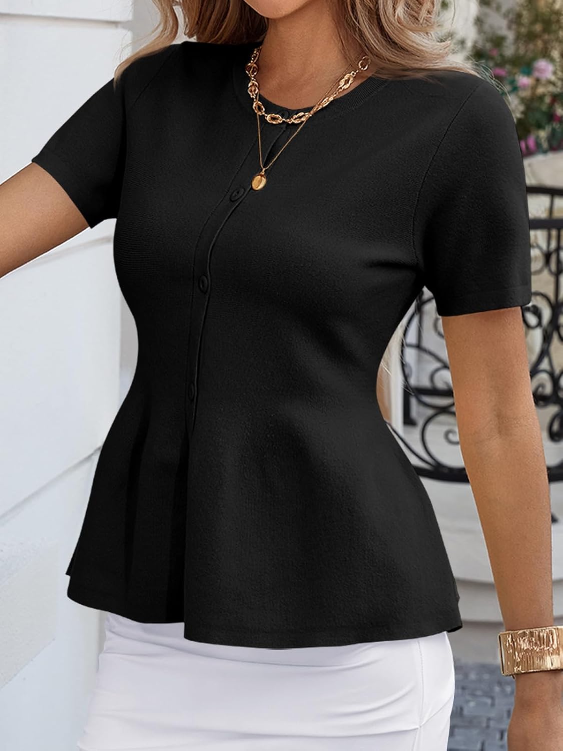 Saodimallsu Womens Short Sleeve Cardigans Ruffle Button Down Crew Neck Peplum Babydoll Knit Sweater Tops - Image 4