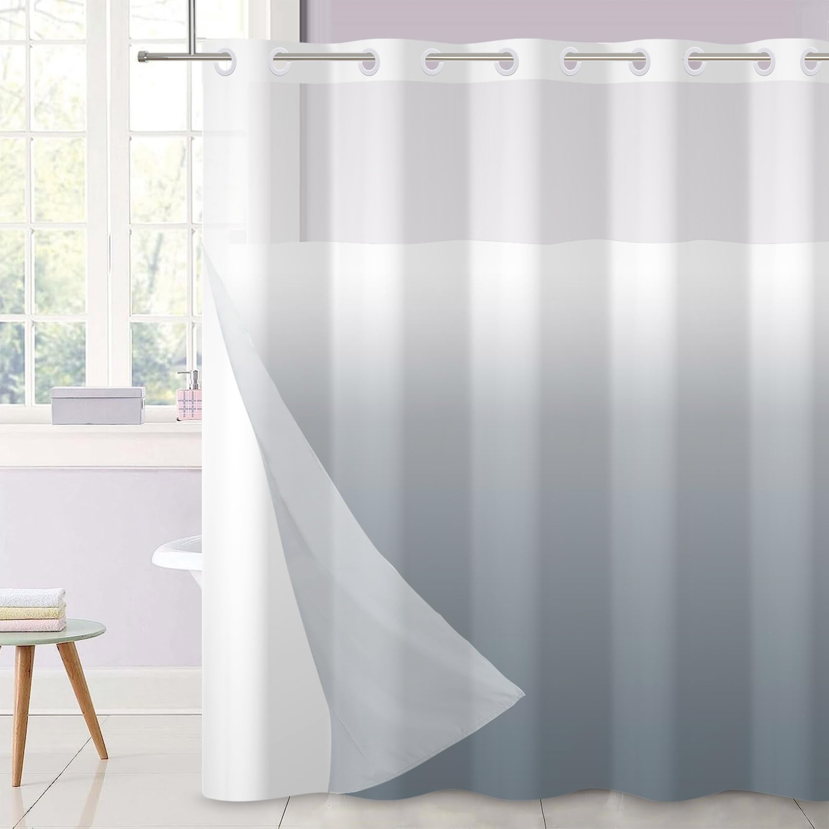 Ttincceer No Hook Shower Curtain Grey Bathroom Curtain Ombre Paled to Grey Modern Double Layer Shower Curtain with Snap in Liner Waterproof Bathtub Curtain 180x180cm