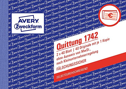 AVERY Zweckform 1742 Quittung Kleinunternehmer (A6 quer, selbstdurchschreibend, 2x40 Blatt) weiß/gelb (10 Stück)