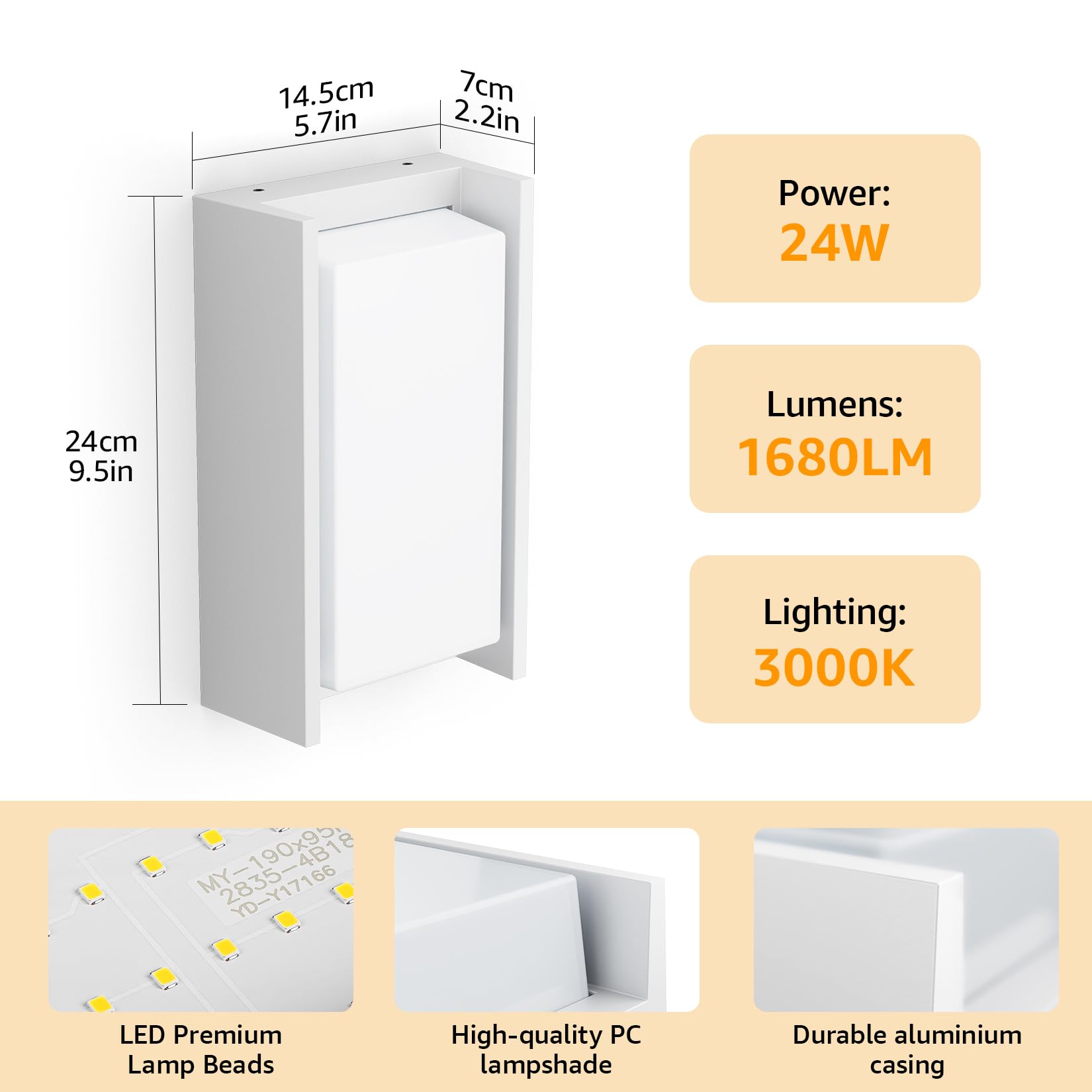 Klighten Lampada da parete per esterni LED 3000K 24W, lampada da parete per esterni impermeabile IP65, Applique adatta per uso interno, patio e giardino, Bianco