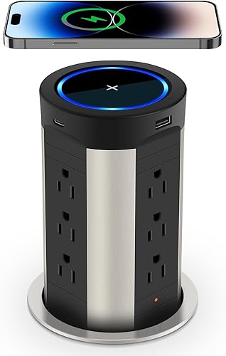 Toma de corriente desplegable de 4 pulgadas con cargador inalámbrico de 15 W, entrega máxima de energía de 45 W, protección contra sobretensiones de