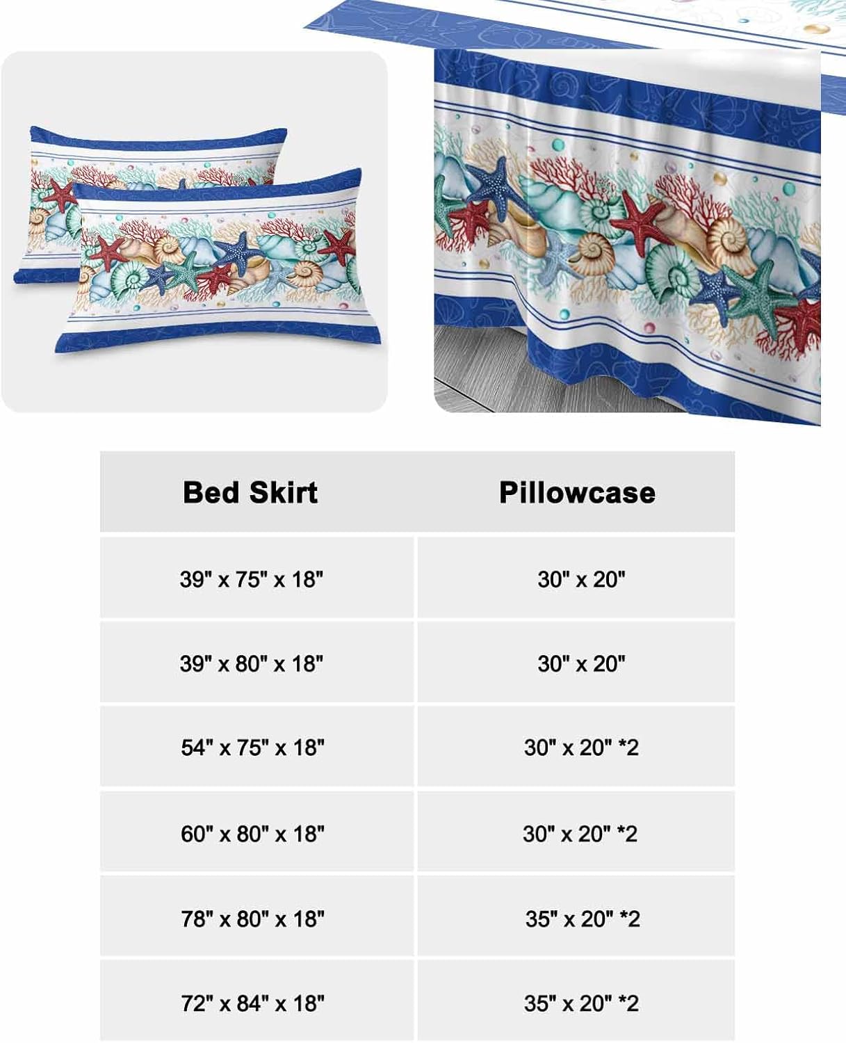 Starfish Navy Blue Bed Skirt for King Size Bed,Wrap Around Bedding Skirt Dust Ruffle Bedskirt Sets With 2 Packs Matching Pillow Covers 36"x20",18" Drop,Tropical Ocean Coral Seaside Shell Pearl