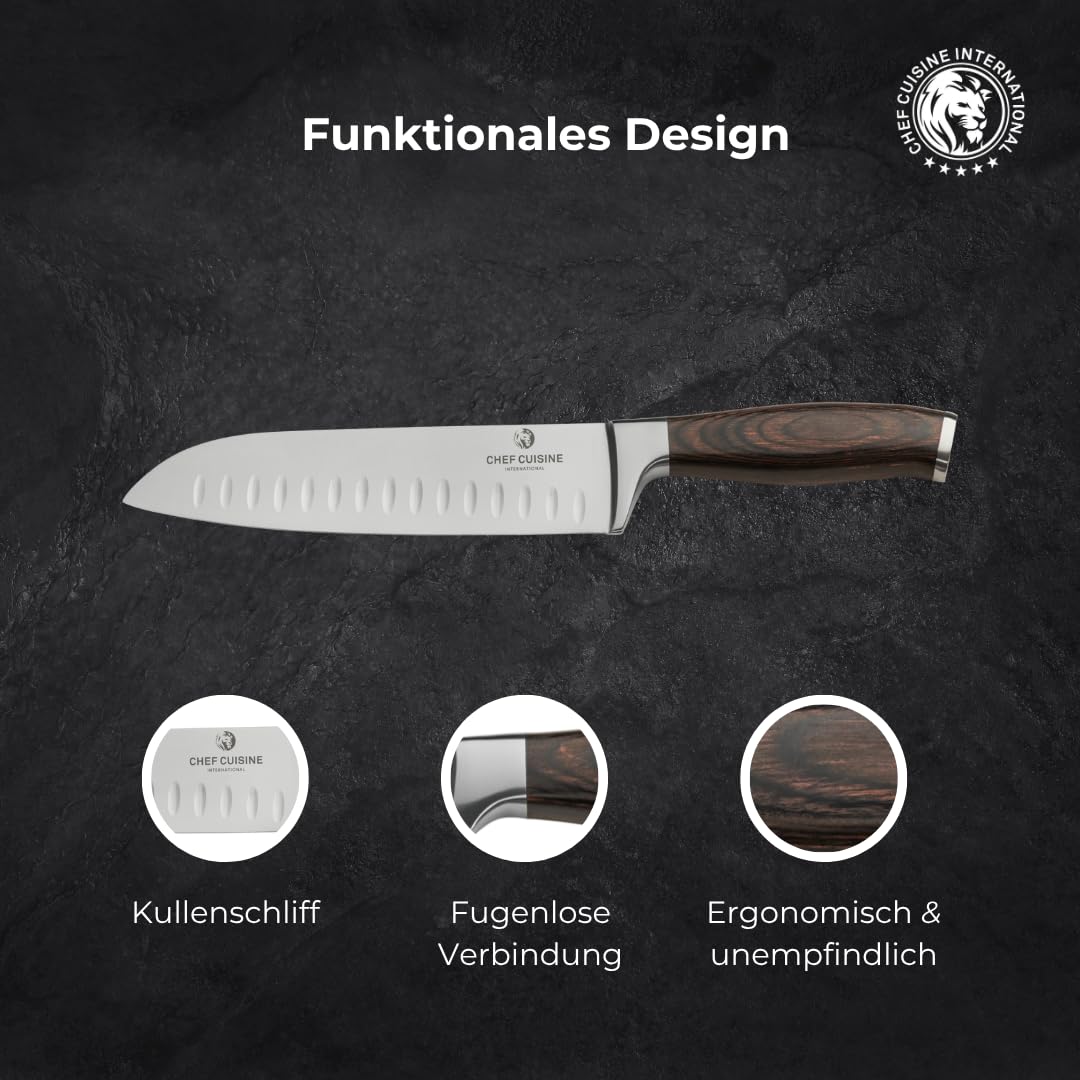 CHEF CUISINE Santoku-Messer, Klingenlänge 180 mm, Spezieller Klingenstahl, Eisgehärtet, Handgeschliffen & poliert, Fugenlose Verbindung, Ergonomischer Griff