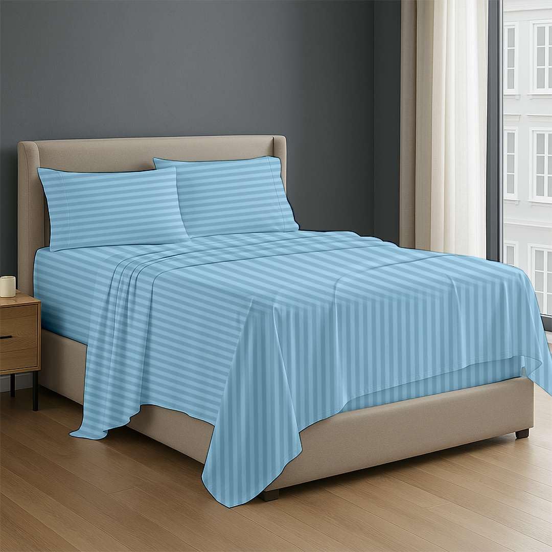 NON Sticky cotton Premium 4 Piece Egyptian Cotton Fitted Twin XL Sheet Set, Hotel Quality Soft Breathable Bedding Sheets, 12" Deep Pocket, 39" X 80", Light Blue Stripe