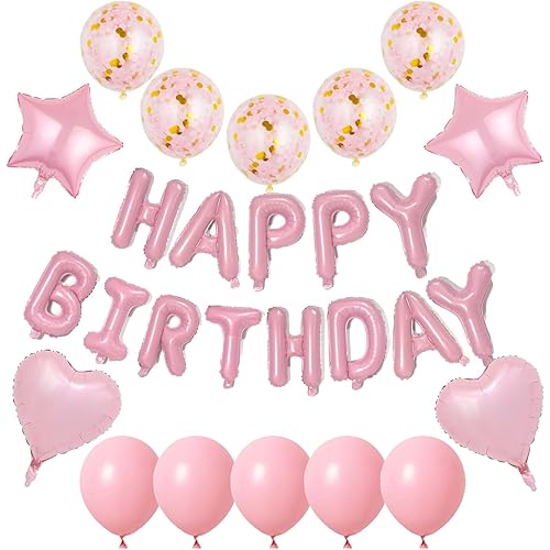 WEIKA 27 Pcs Pink Birthday Decorations, 3D Foil Pink Happy Birthday Balloon Banner, Pentagram Heart Foil Balloons Confetti Balloons Kit For Boys Girls Birthday Party Supplies