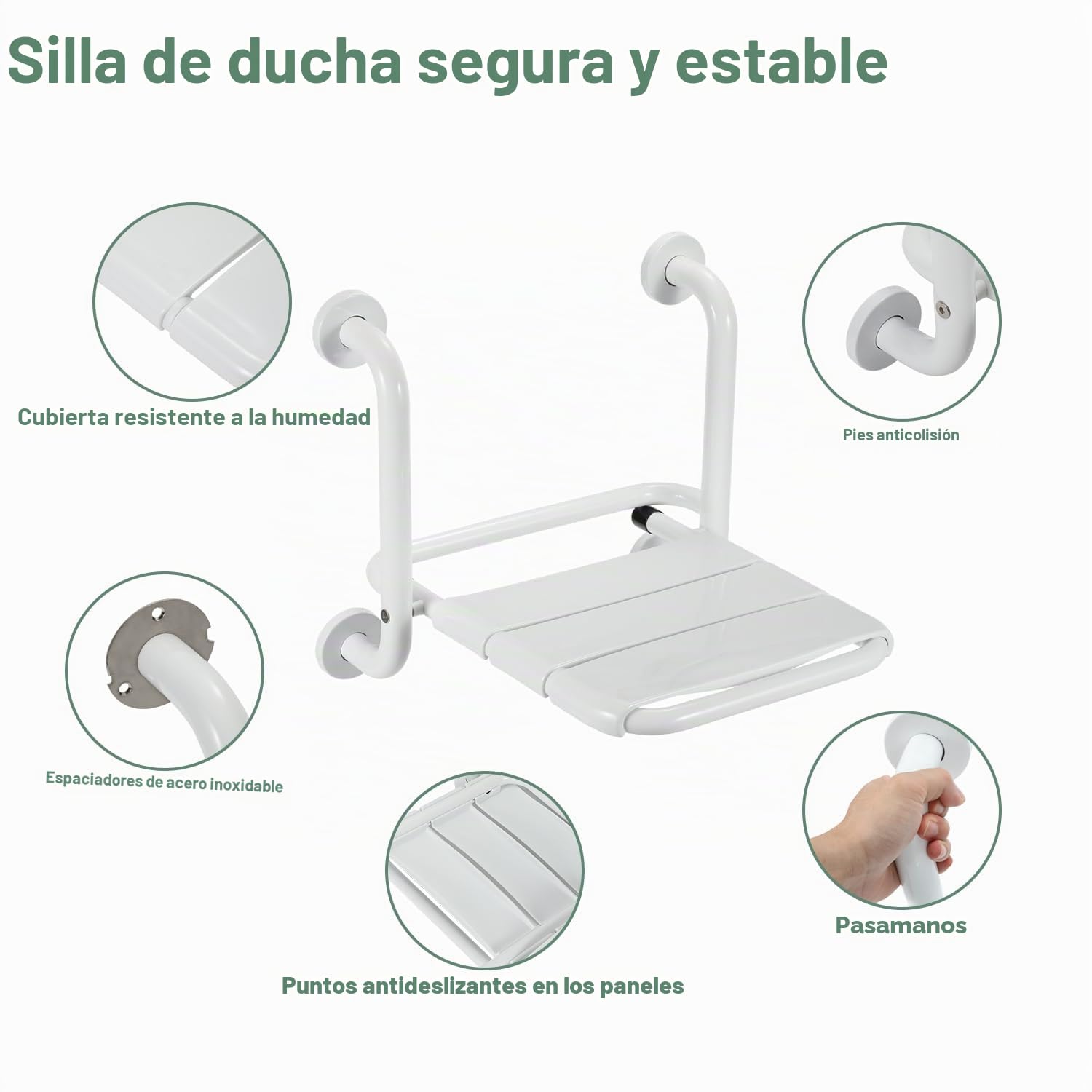 Asiento de ducha plegable de pared con reposabrazos, asiento plegable de 120 kg, taburete de ducha plegable de pared, silla de ducha para personas mayores, color blanco