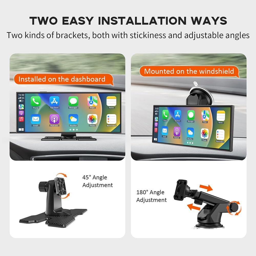 Two easy installation ways: installed on the dashboard with a 45-degree angle adjustment, and mounted on the windshield with a 180-degree angle adjustment.