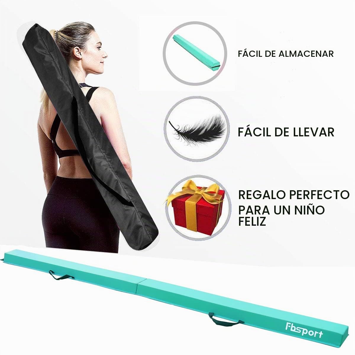 FBSPORT Barra de Equilibrio Plegable 240 cm PU Cuero con Bolsa de Transporte, Viga de Gimnasia Artística Antideslizante