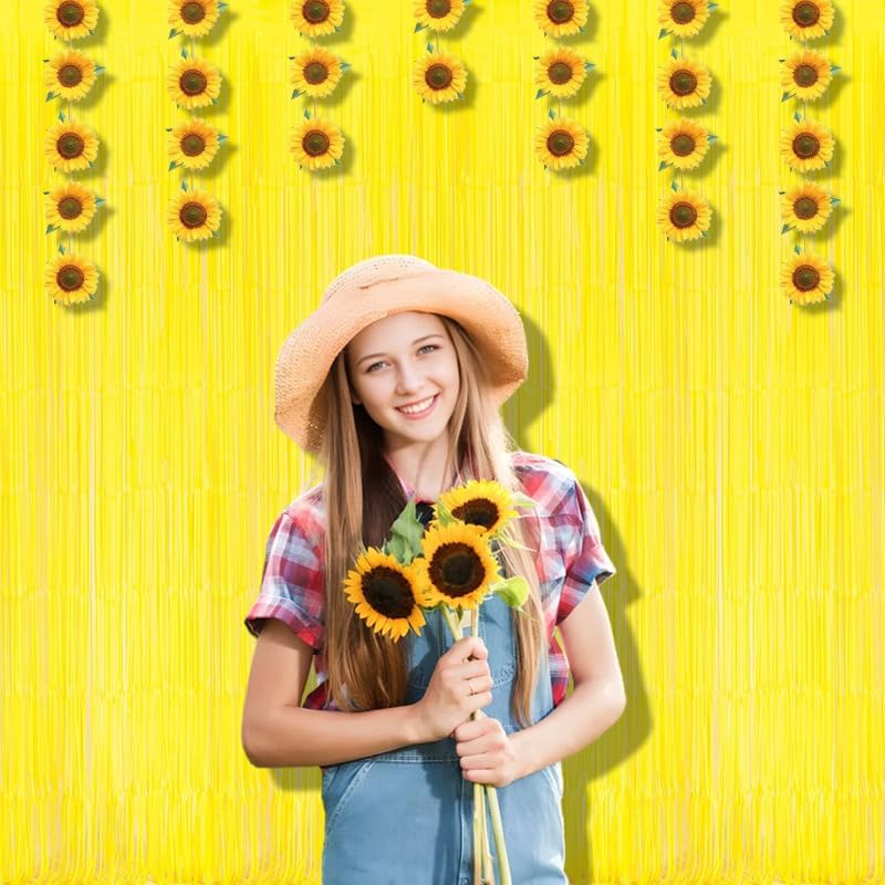 Miniatura 7 de BRAVESHINE Telón de fondo de cortina de flecos de papel de aluminio, paquete de 2 cortinas de oropel amarillo para cabina de fotos, serpentinas para