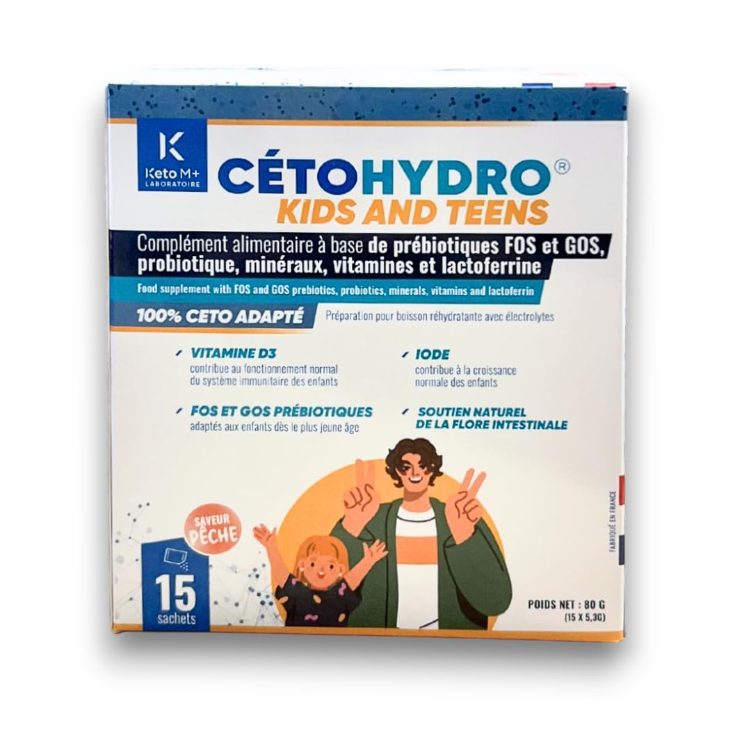 CETOHYDROKIDS Hydratation & Immunité Enfant – Sans Sucre – Électrolytes, Probiotiques & Lactoferrine – Saveur Pêche– 15 Sachets