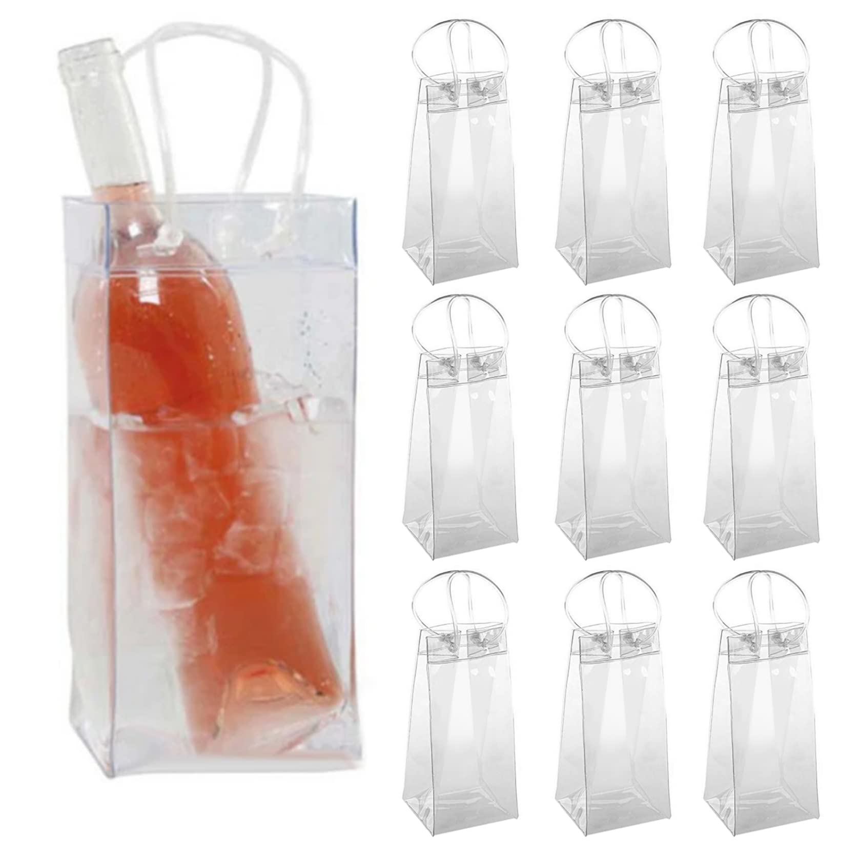 Pack De 10 Bolsas Refrigeradoras Para Vino Y Champán – Transparentes Con Mango, A Prueba De Fugas, Reutilizables Y Plegables (Tamaño 9.8x3.9 Pulgadas)