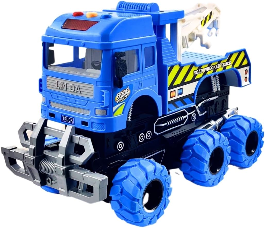 PLUSPOINT 6x6 Rescue Tow Truck Realistic Friction Powered Toy Push & Go Tow Truck Toy 6 Wheels Deformation Truck with Lights and Sound Vehicle Carrier Big Heavy Duty Wrecker for Kids Ages 3 Up