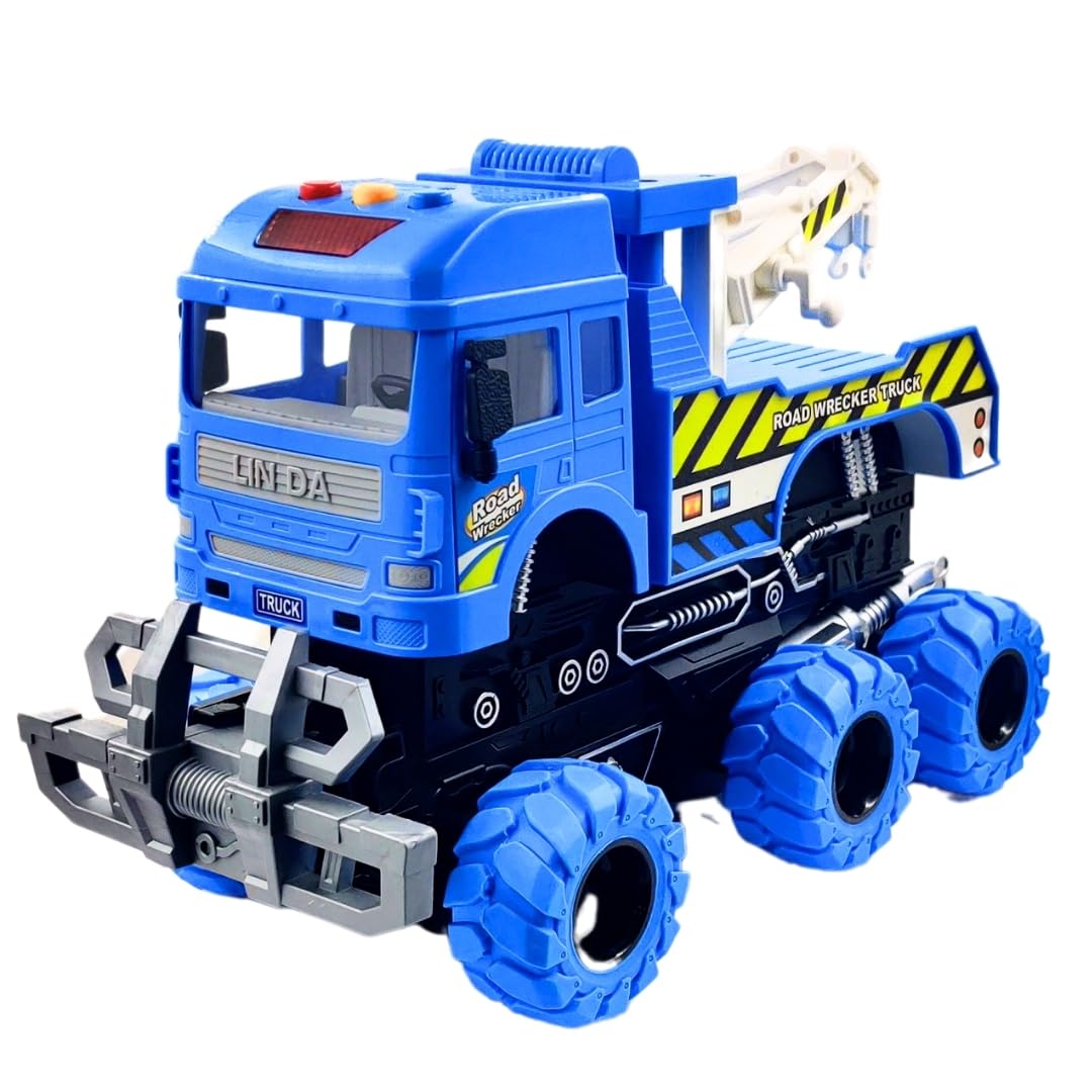 PLUSPOINT 6x6 Rescue Tow Truck Realistic Friction Powered Toy Push & Go Tow Truck Toy 6 Wheels Deformation Truck with Lights and Sound Vehicle Carrier Big Heavy Duty Wrecker for Kids Ages 3 Up