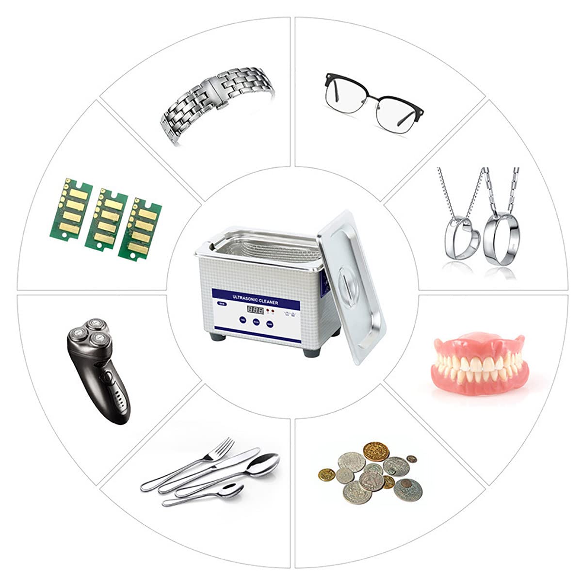Limpiador Sónico con Temporizador Digital Y Cesta para Joyas, Anillos, Anteojos, Dentaduras Postizas, Correas De Reloj, Monedas, Piezas Pequeñas De Metal, Artículos De Uso Diario, Etc.