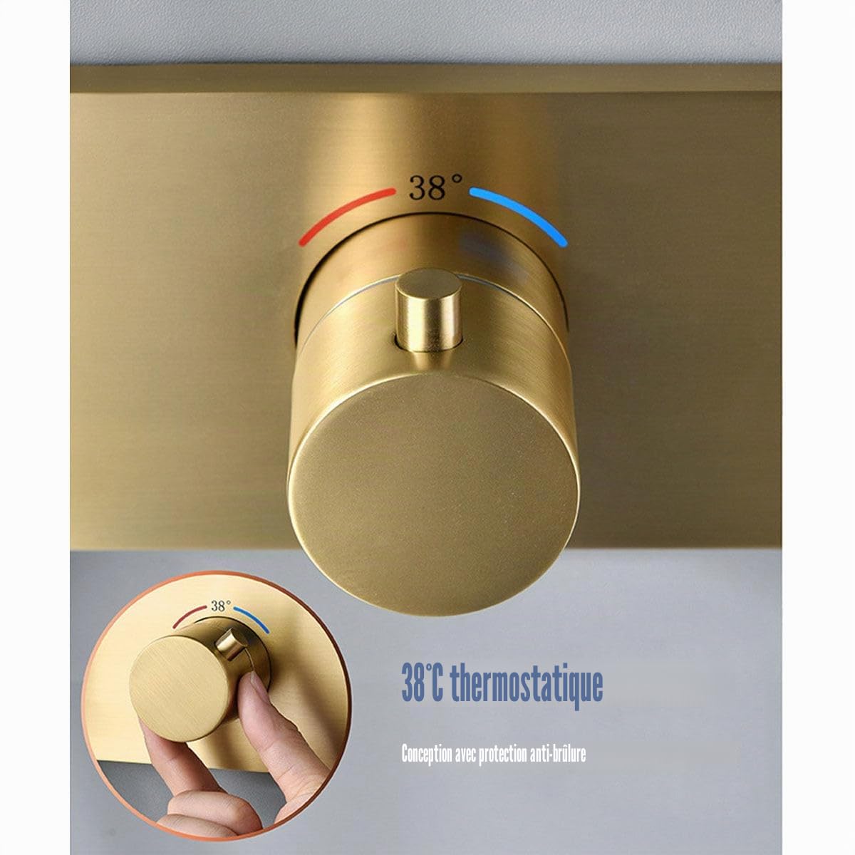 Colonne de Douche Thermostatique Dorée, Moderne 16inch / 400mm Pluie Ensemble de Douche Encastré, Système de Douche Encastré Pose au Plafond, Douchette, 59A Laiton (Or Brossé)