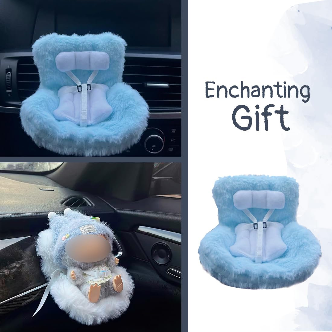 NHQZ Asiento de coche para muñecas Labo con suave cojín de felpa,clip de ventilación,decoracion coche,bonita y práctica decoración de coche para Labo y coleccionistas de muñecas(Azul)