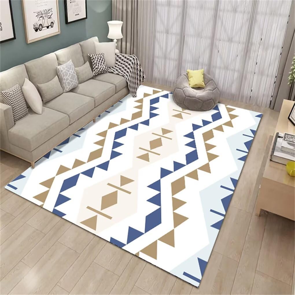 Tapis de salon géométrique moderne blanc et bleu 70x140 cm