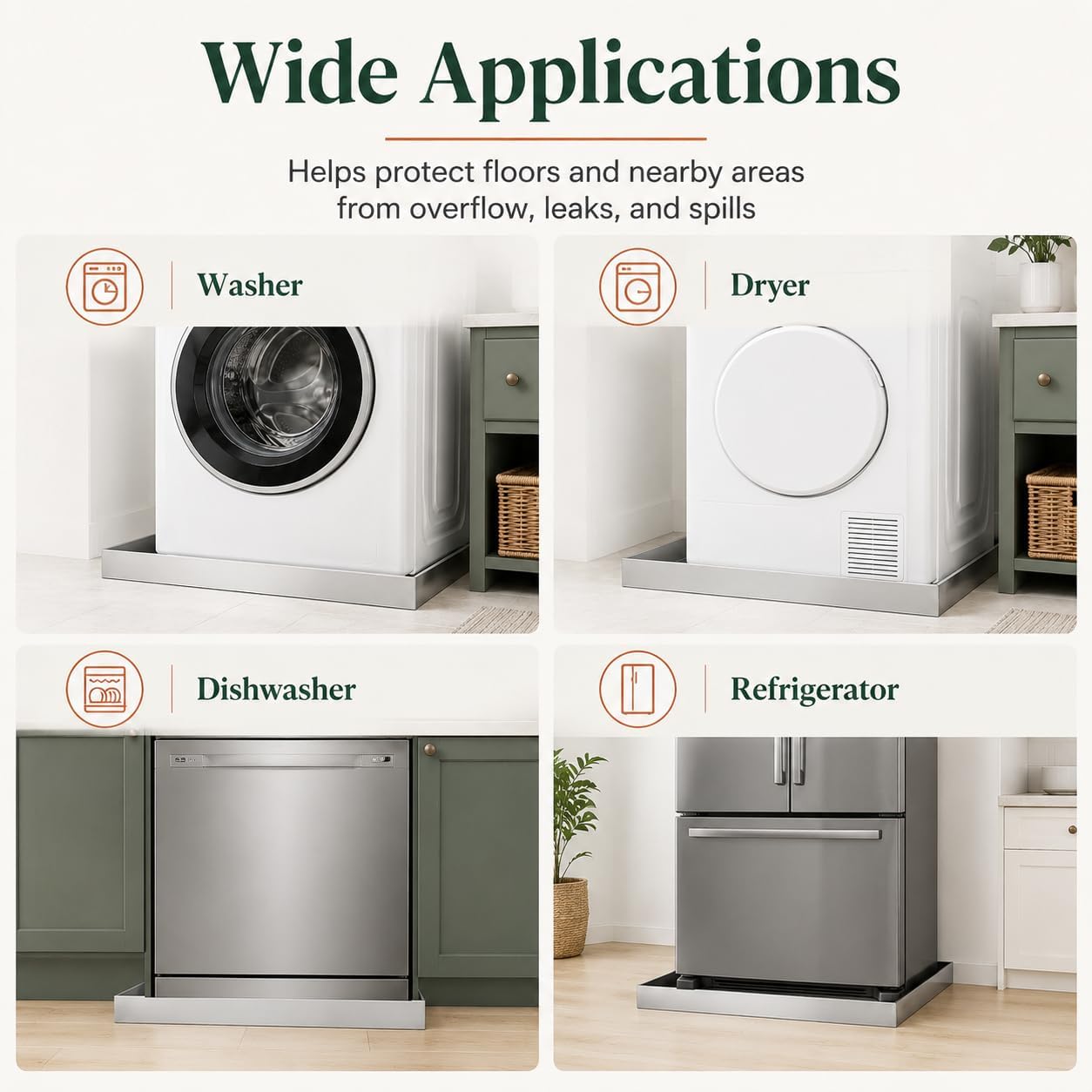 27" x 25" x 2.5" 304 Stainless Steel Washing Machine Drip Pan, Heavy Duty Washer Drip Tray Floor Protector for Washer Dryer, Leak Protection for Laundry Room, No Drain Hole