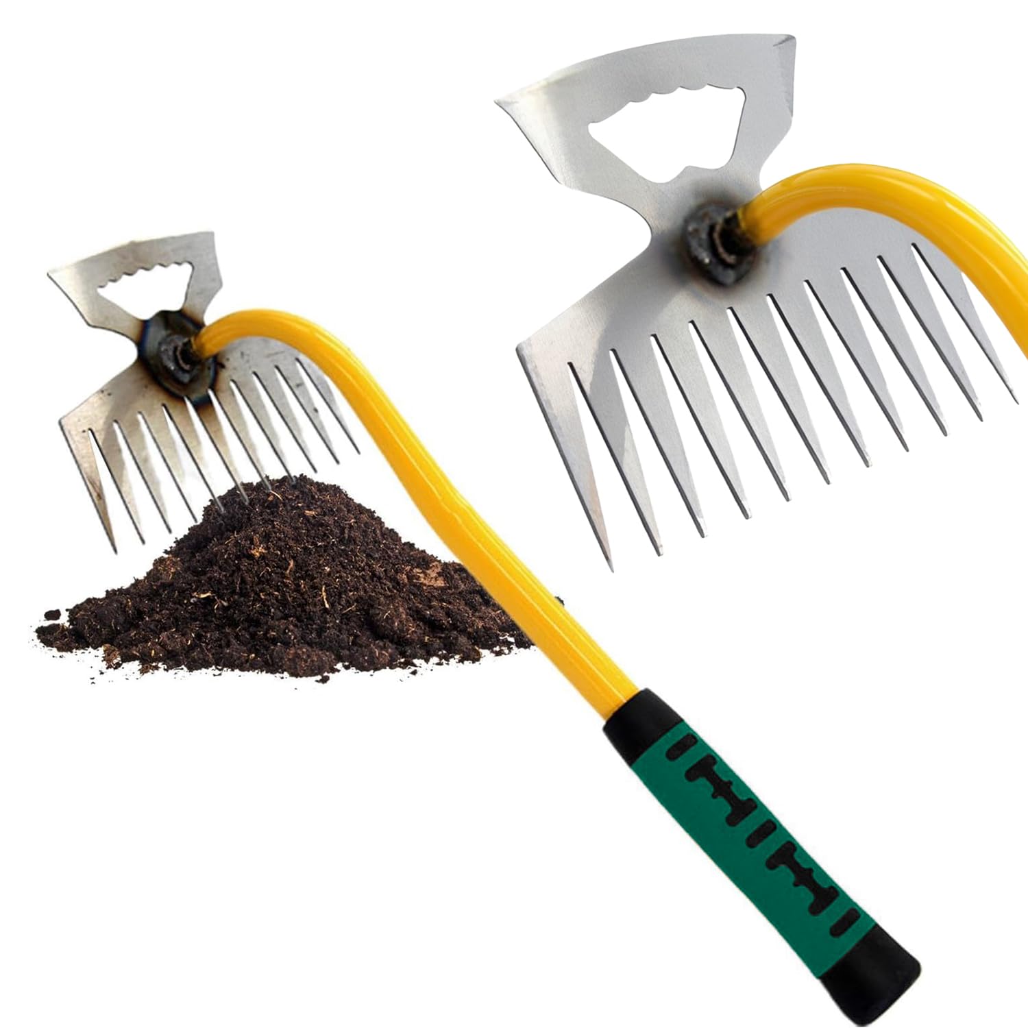 WY8 11 Teeth Weed Remover & Puller, Portable Hand Weeder & Garden Spade, Multifunctional Stainless Steel Rake with Non-Slip Rubber Handle for Backyard Planting and Weeding