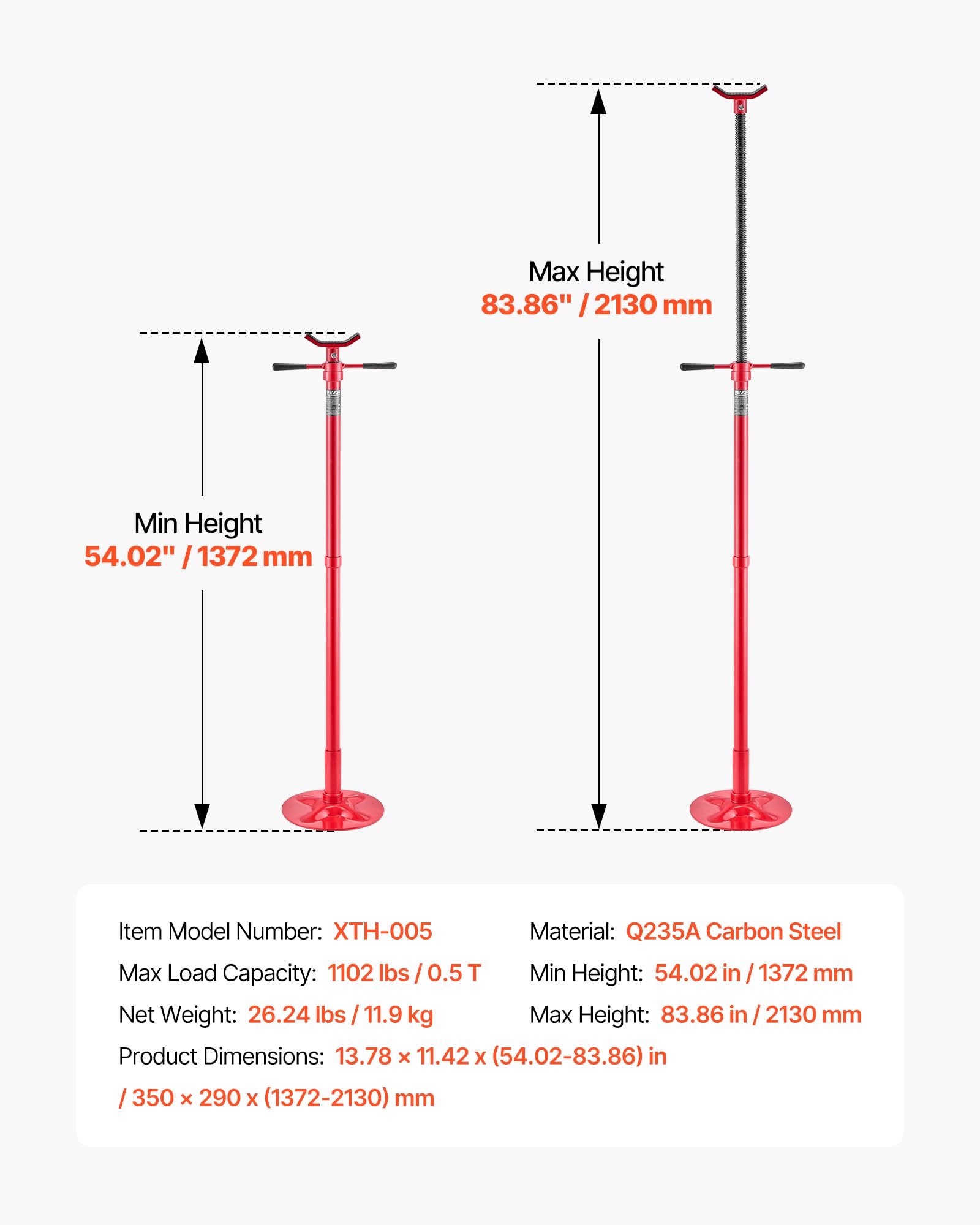 VEVOR Supporto per Fossa e Sottoponte Carico Max. 0,5 Tonnellate, Asta di Supporto da Fossa Altezza Regolabile 137,2-213 cm, Maniglia Girevole, Cuscinetti a Forma di U da Officina Garage