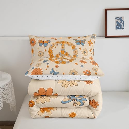 Miniatura 6 de Erosebridal Groovy - Juego de ropa de cama con diseño de mariposa hippie y estampado floral kawaii para niñas y mujeres, diseño de señal de paz,