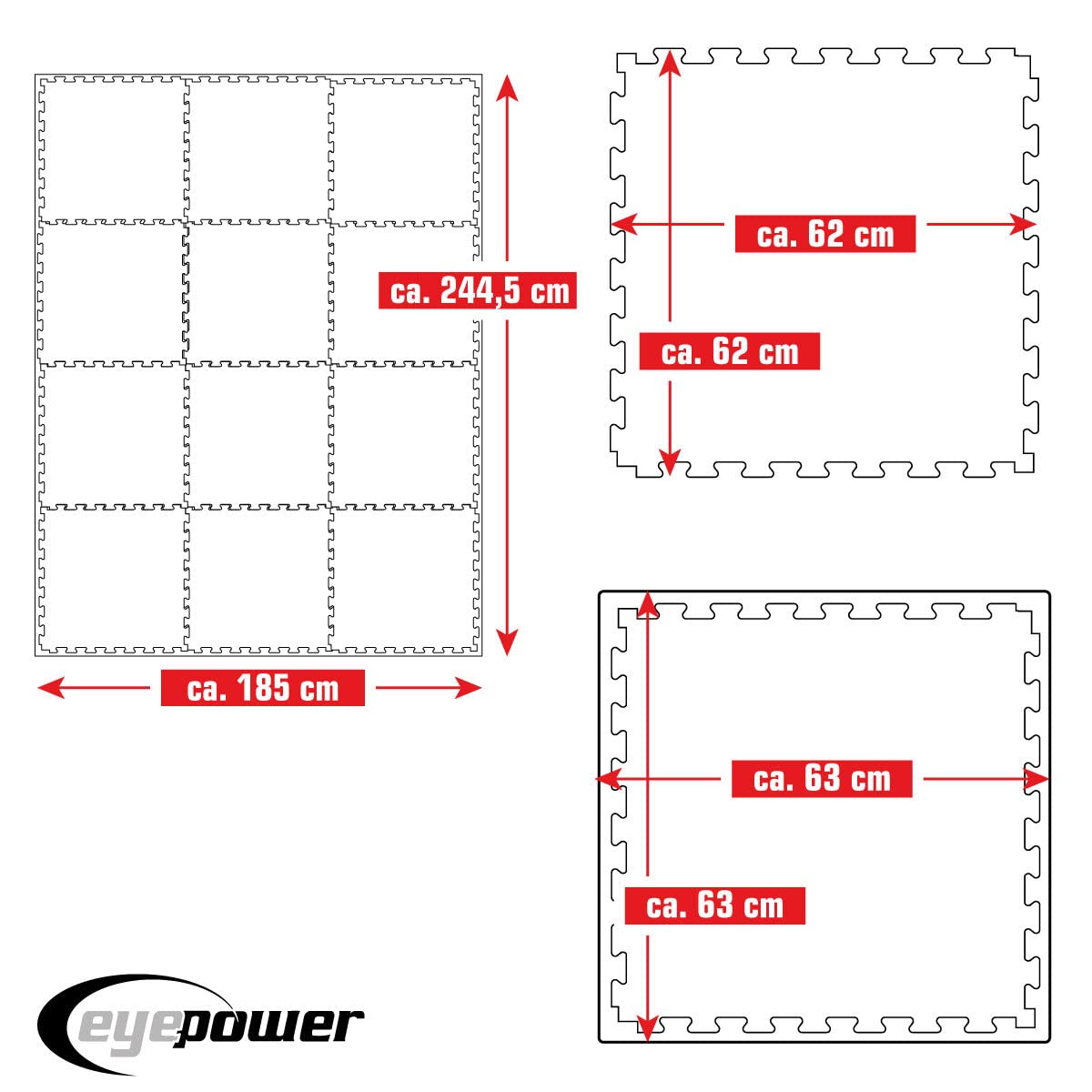 eyepower Gym Mat: 4.8mq Tappeto Palestra 2 cm - Set di 12 Tappetini per Fitness 63x63 - Pavimento ad Incastro Tappeto Fitness Puzzle EVA Tappetino Squat Tappeto per Cyclette Tappeto Sport Tatami Judo