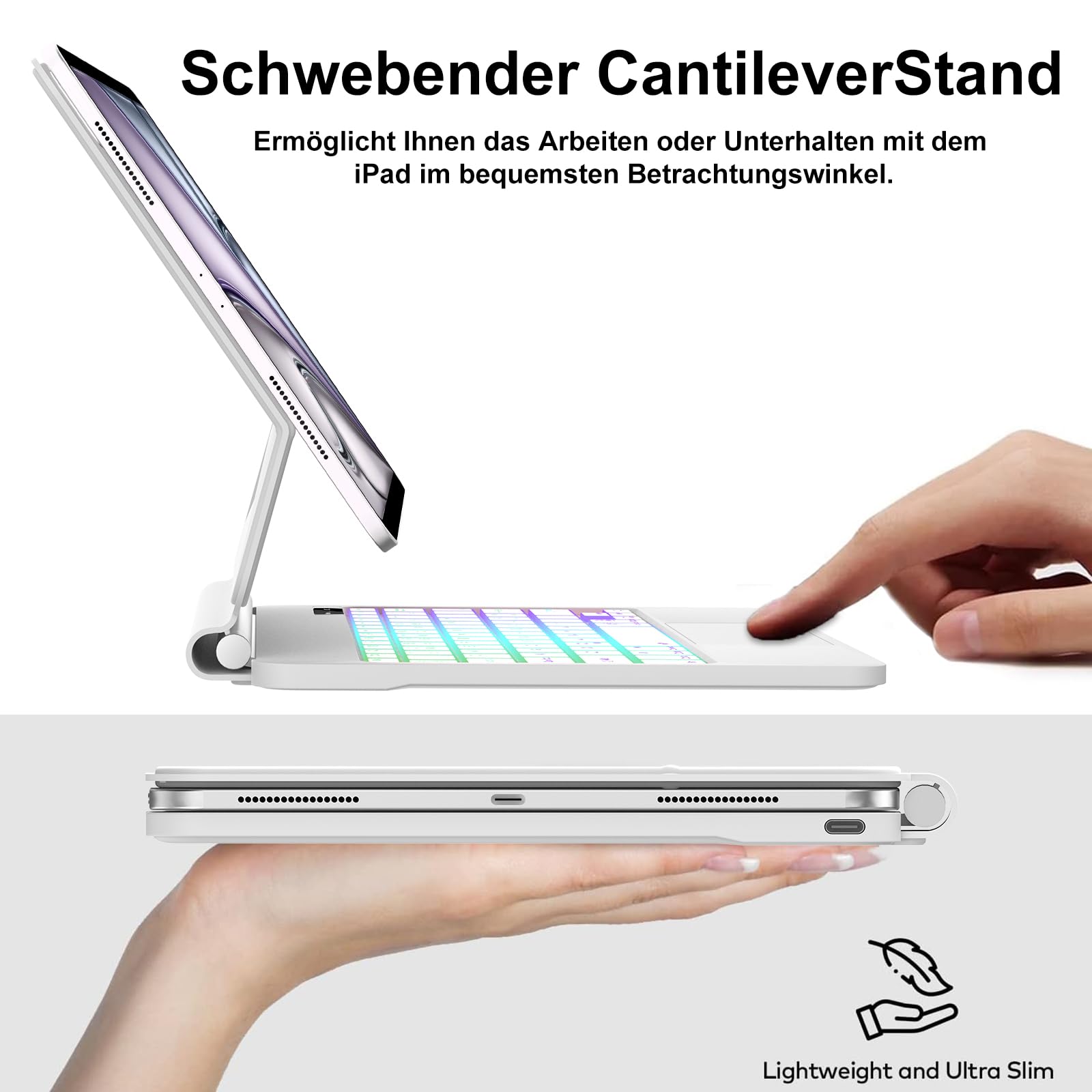 Magic Keyboard für iPad Air 13" M4 2026/M3 2025/M2 2024 & iPad 12.9, Weiß | Freischwebendes Stand Design, 7-Farbige Beleuchtung mit Trackpad Hülle mit Tastatur für iPad Air 13/iPad Pro 12.9"