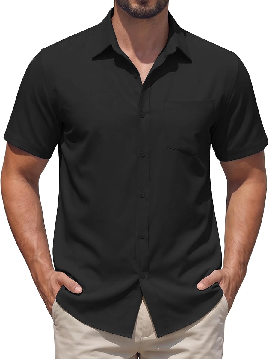 Camisas de vestir elásticas para hombre Camisas casuales de manga corta con botones y bolsillo