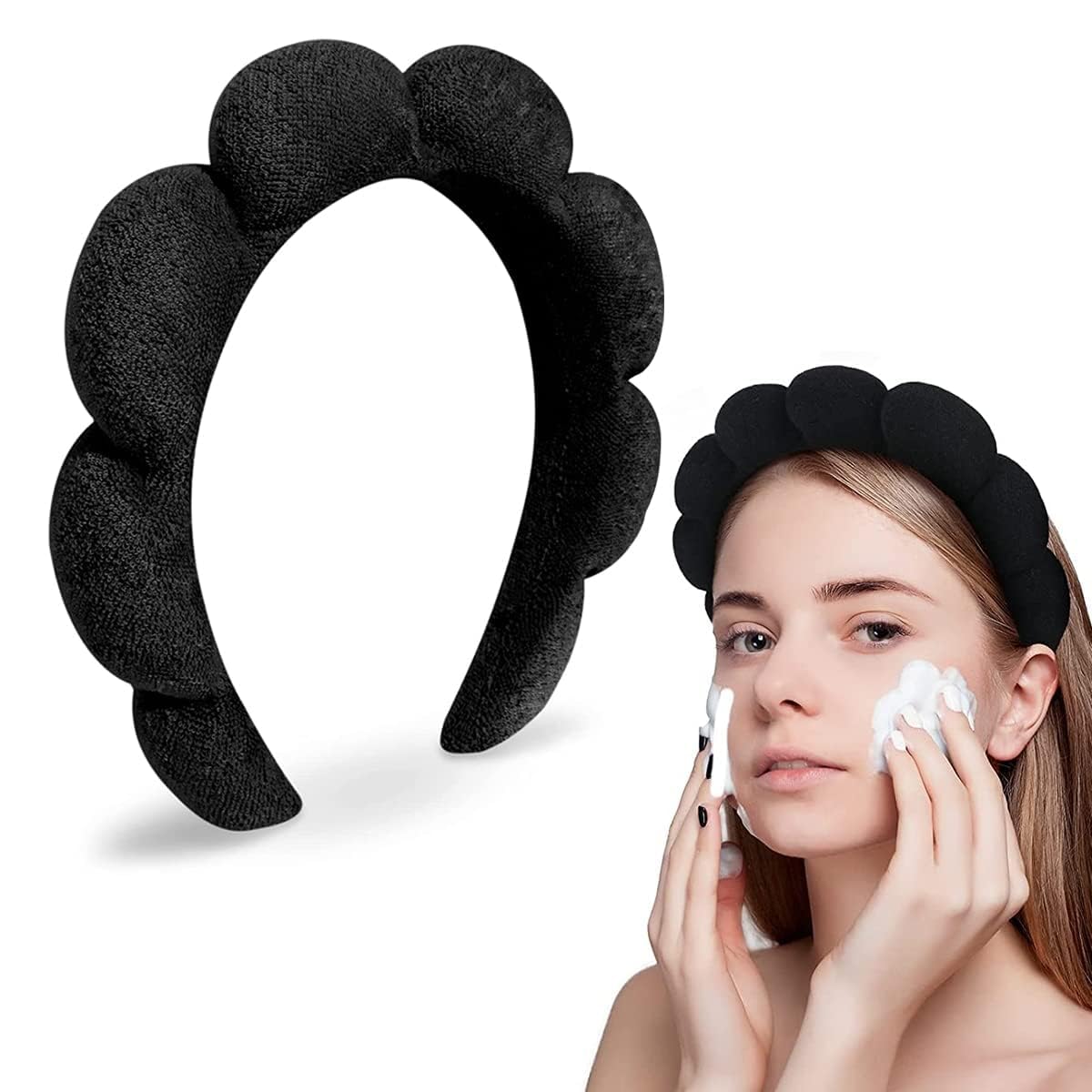 Pamidhar Facial Spa Headband for Women Girls, Soft Sponge Headband for Face Washing, Shower, Makeup Headband Fashion Clouds Hairband Non Slip Hair Hoop Headwear (Pink) (Black)