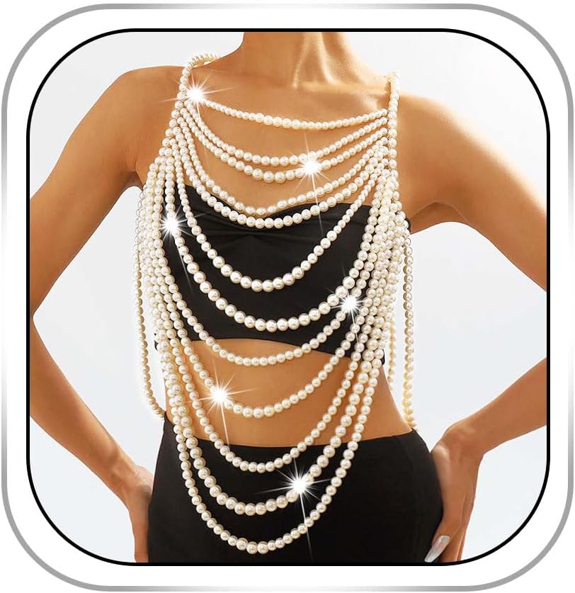 Pearl Body Chain Top Shoulder Necklace Pearls Body Jewelry for Women Bra Chains for Wedding Party Summer Beach