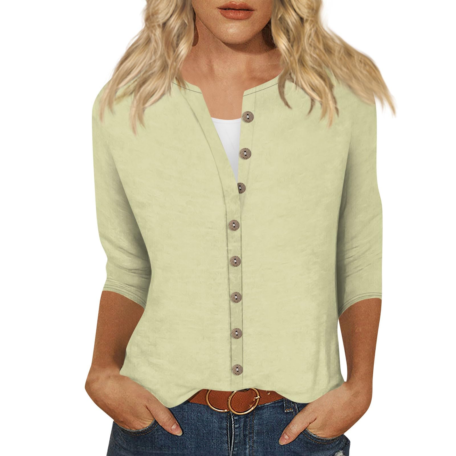 3/4 Length Sleeve Womens Tops Crewneck Button Down Open Front Cardigan Casual Solid Lightweight Outerwear