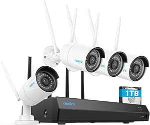 Reolink 5MP WLAN Outdoor Surveillance Camera Set, 5 GHz/2.4 GHz Wi-Fi, 12CH NVR with 1TB HDD, Expandable to 16TB, Full Metal Material, AI Detection, 30 m Night Vision, 24/7 Recording, RLK12-500WB4 asin的图片