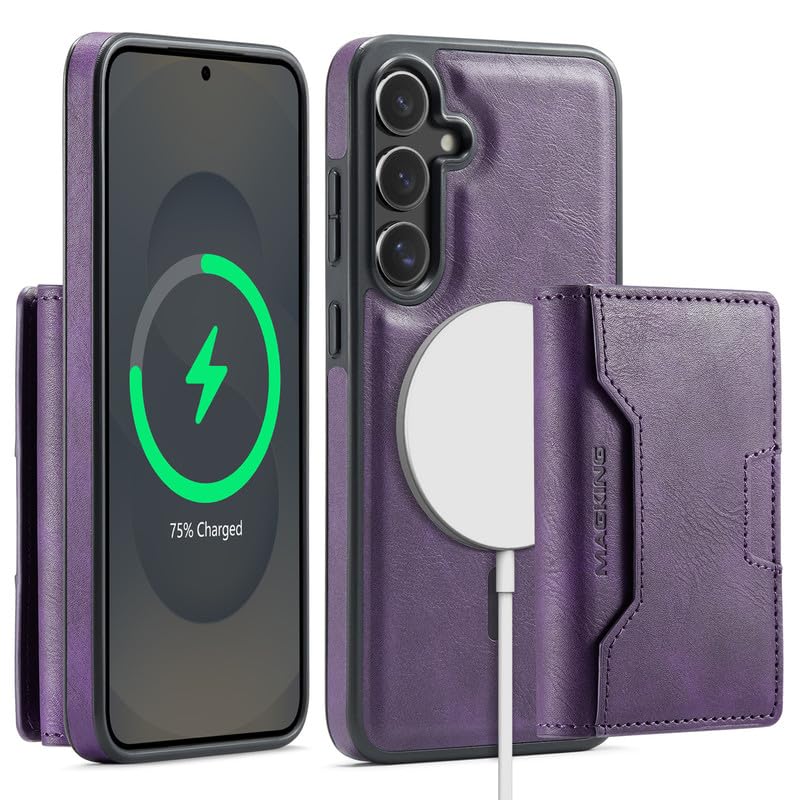 Funda Samsung S25+ lila 2 en 1 magnética desmontable con bloqueo RFID y soporte de carga inalámbrica