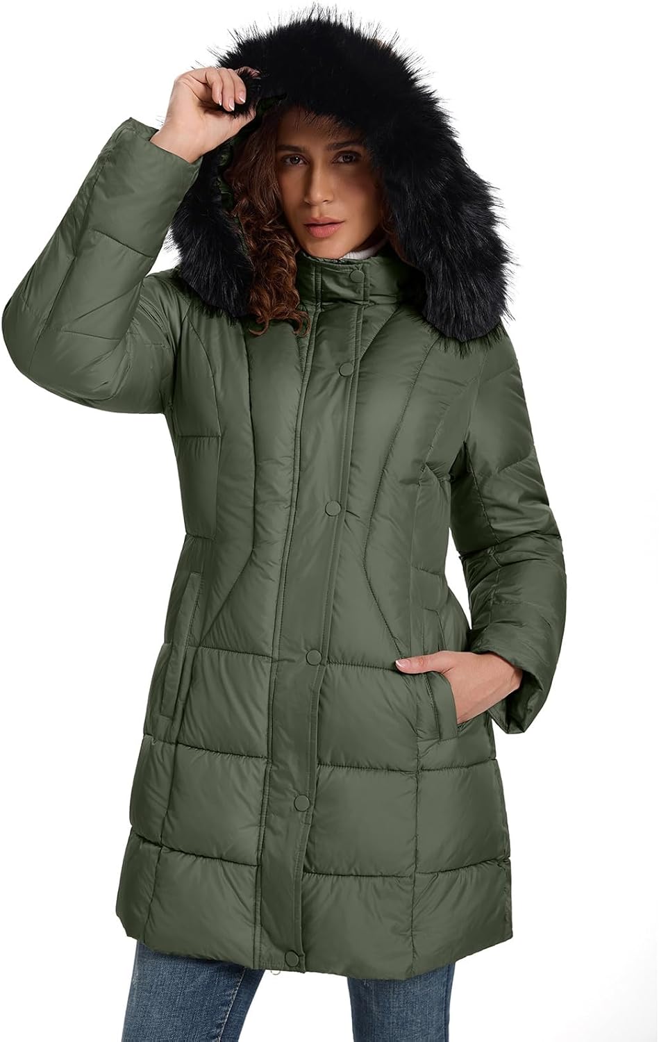 ALSOGO Women's Winter Coats Warm Mid-Length Down Jackets Outwear With Removable Fur Trim Hood - Image 5