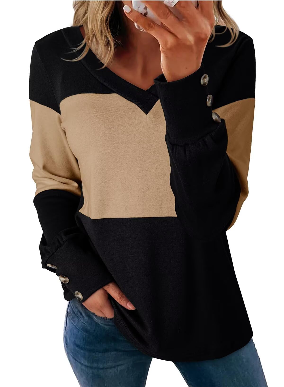 GUUKA Womens Long Sleeve Color Block Tunic Top V-Neck Casual T-Shirts Fall Winter 2025 Trendy