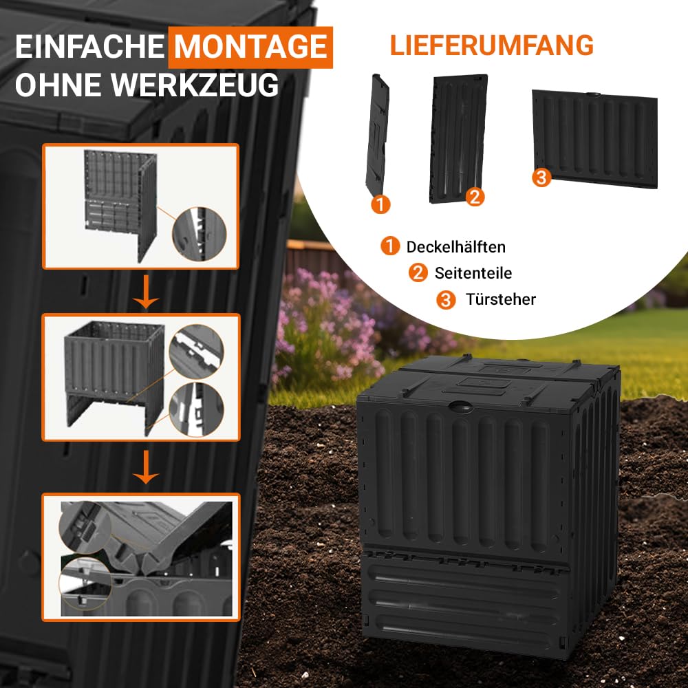 GARANTIA ECO-King Komposter 600 Liter schwarz - zum bequemen Befüllen im Garten - ohne Werkzeug schnell montierbar - mit praktischer Entnahme und windstabiler Deckelfixierung bei Witterung im Freien