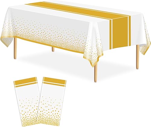 Paquete de 2 manteles blancos y dorados para decoración de fiesta, mantel de plástico blanco estampado dorado de 54 x 108 pulgadas, mantel