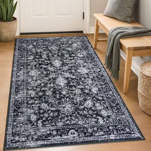 KILOCOCO Area Rug 3x5 Entryway Rug Washable Printed Vintage Floral Rubber Backed Non Slip Indoor Kitchen Rugs for Living Room Laundry Room Playroom Mudroom Moroccan Area Rugs, Black/Navy/White