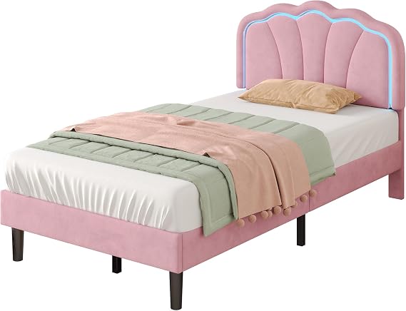 BTM Upholstered Single Bed, Single Bed Frame with Adjustable Shell Shape Headboard, LED Light and Solid Wood Slats, 3ft-90x190cm Velvet Pink Bed, No Mattress