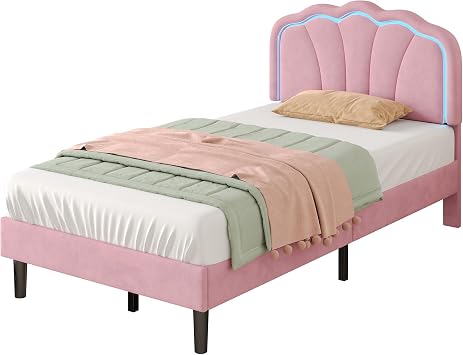 BTM Upholstered Single Bed, Single Bed Frame with Adjustable Shell Shape Headboard, LED Light and Solid Wood Slats, 3ft-90x190cm Velvet Pink Bed, No Mattress