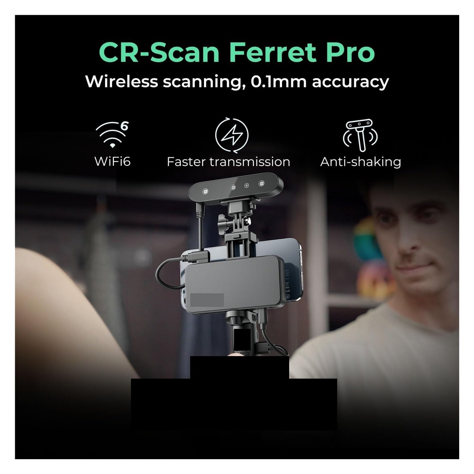 Escáner 3D portátil CR-Scan Ferret Pro WiFi con seguimiento antivibración y precisión de 0,1 mm