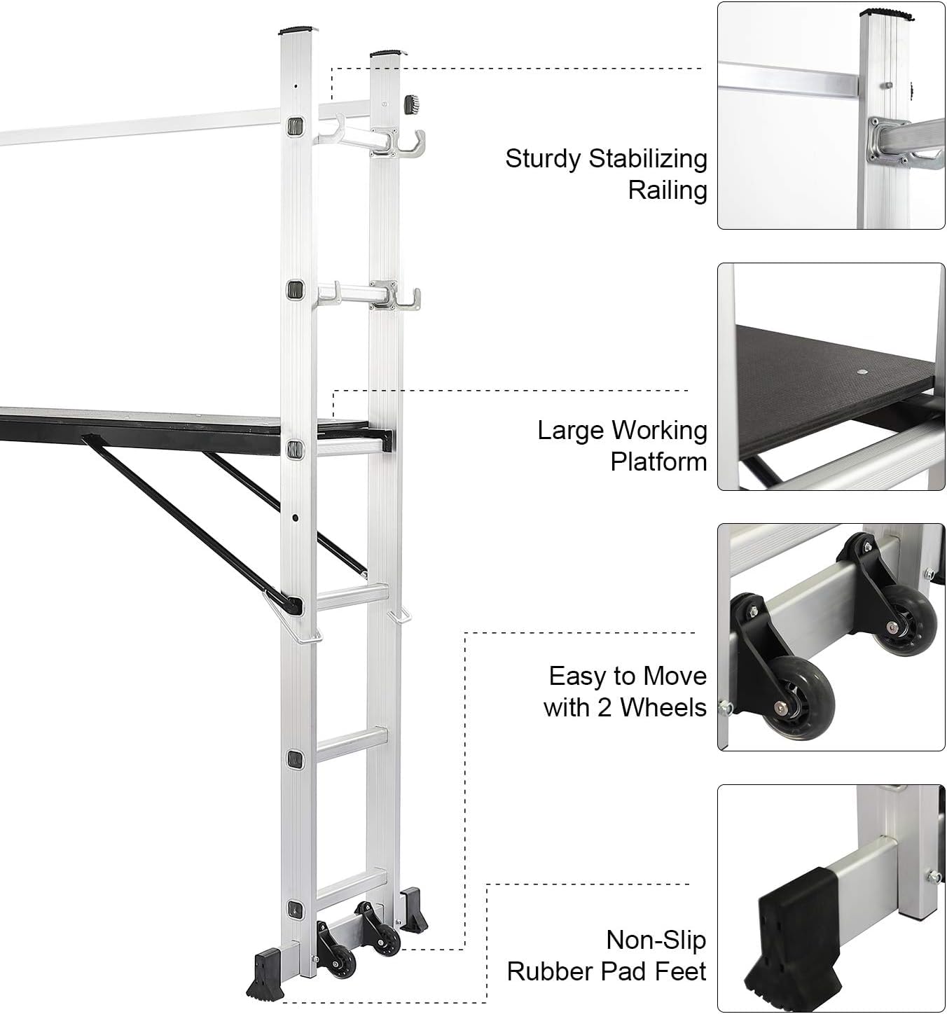 TREPPE 3 en 1 Andamio de Aluminio Multipropósito, Plataforma de Trabajo y Escalera Combinación con 6 Peldaños, Ruedas, 4 trabas, Carga máxima 150kg