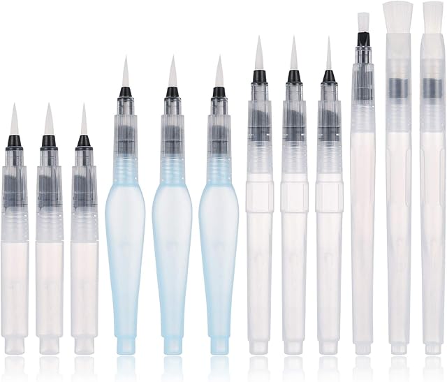 Opopark Watercolour Brush Pens Pack of 12 Refillable Water Brush Pens Aqua Paint Brushes Ink and Water Brush Pens Art Supplies for Water Color Painting Blending Lettering with Assorted Tips