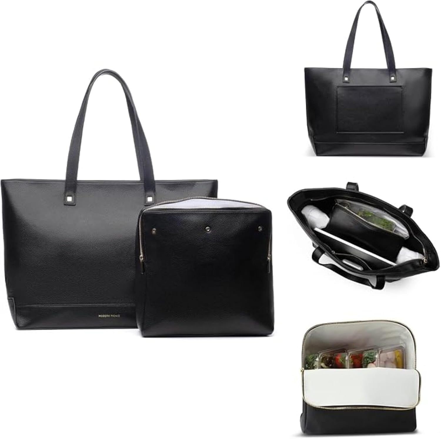 Black Faux Leather Tote with Insulated Pouch