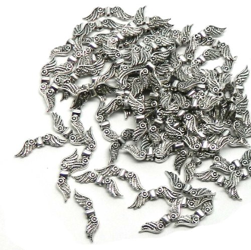 Rockin Beads Brand, 100 Antique Silver Angel Wing Charm Spacers Beads 23x7mm