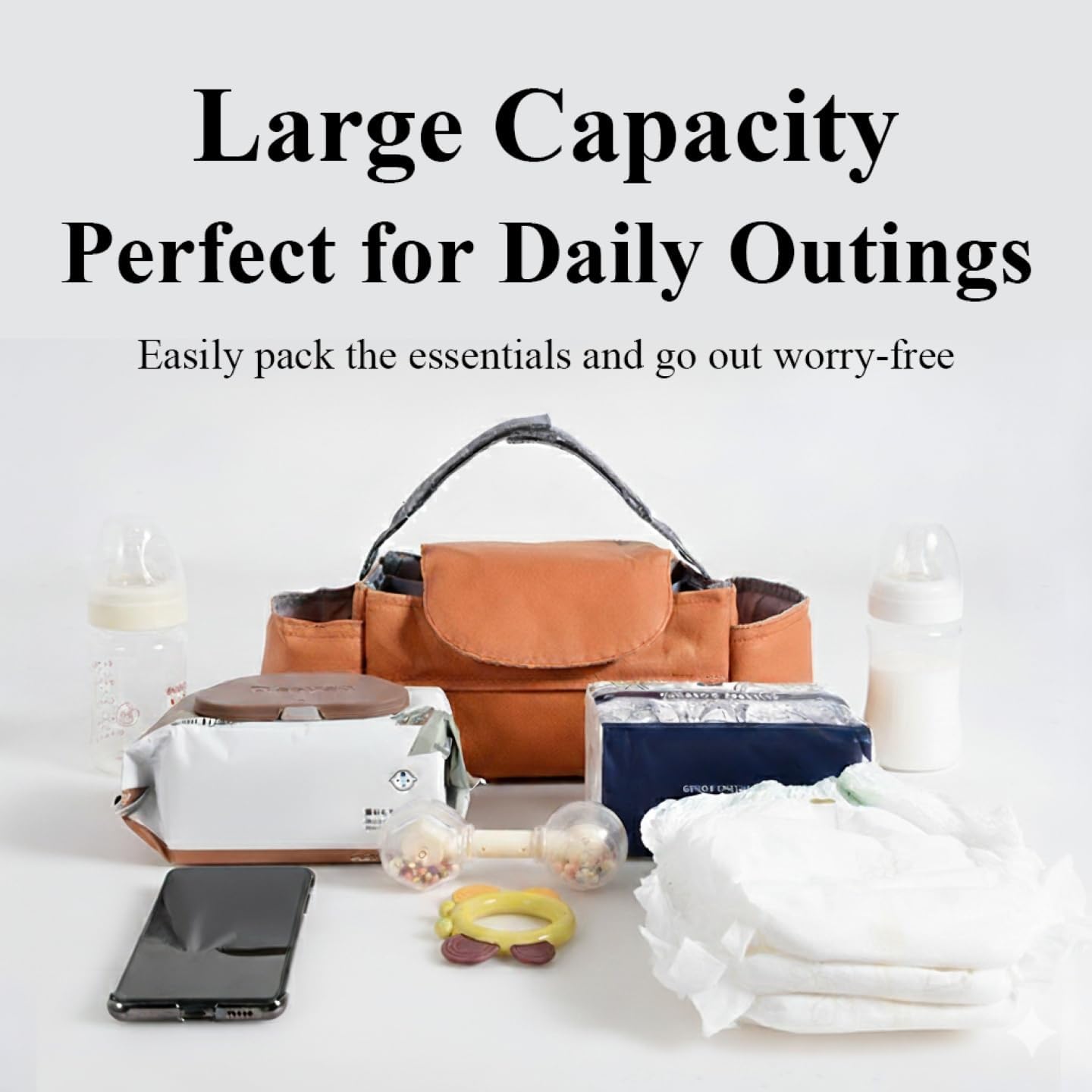 Universal Stroller Caddy, Front Tissue Pocket, Stroller Organizer with Cup Holders, Stroller Bag, Stroller Attachment, Fits Most Strollers