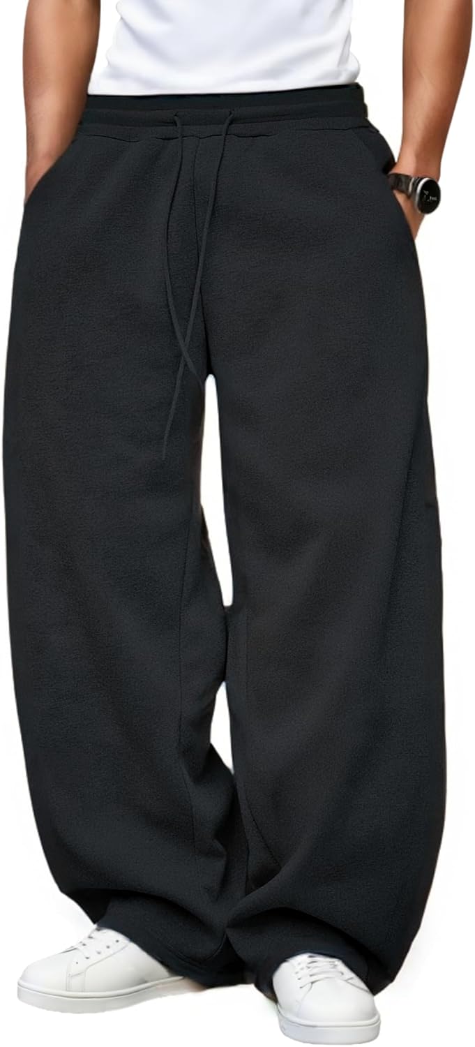Men’s Baggy Sweatpants Fleece Wide Leg with Elastic Drawstring Waist, Casual Loose Lounge Joggers
