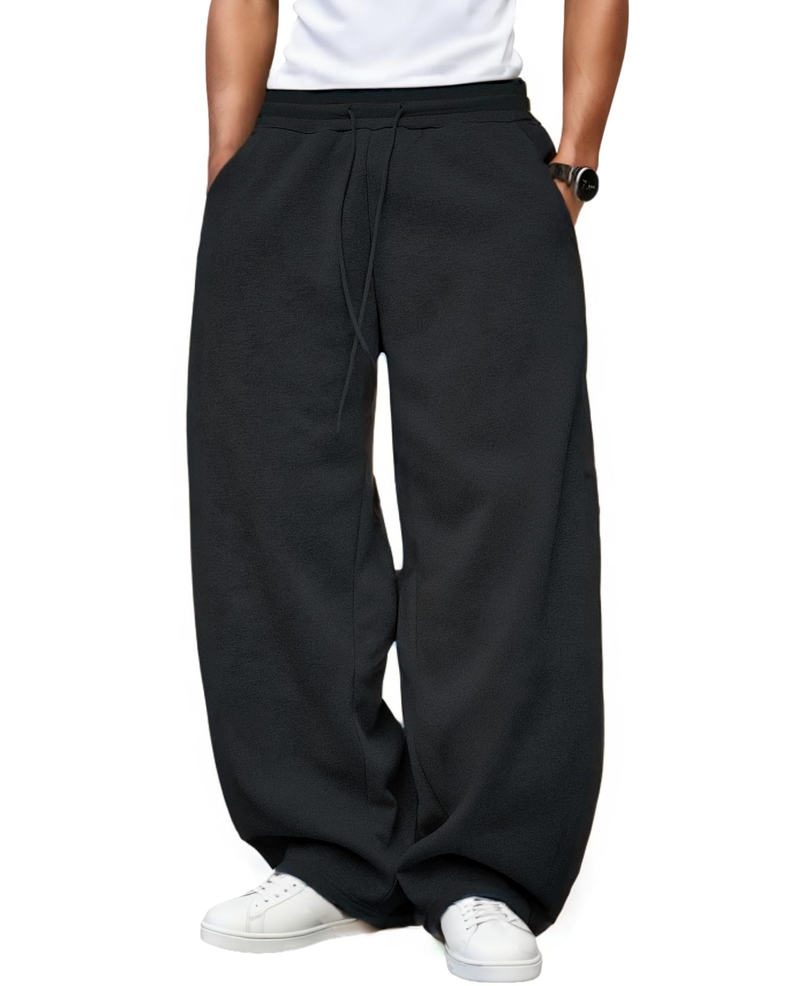 Mens Baggy Sweatpants Fleece Wide Leg with Elastic Drawstring Waist Casual Loose Lounge Joggers