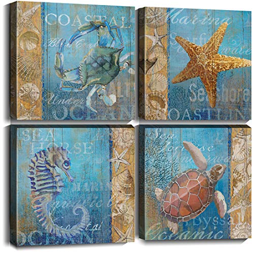 Merrleem Wandkunst Meeresschildkröte Leinwanddruck Ozeantiere Bild Unterwasserwelt Gemälde für Schlafzimmer Badezimmer Dekoration Leinwand verpackt (30,5 x 30,5 x 4 Stück) Cover